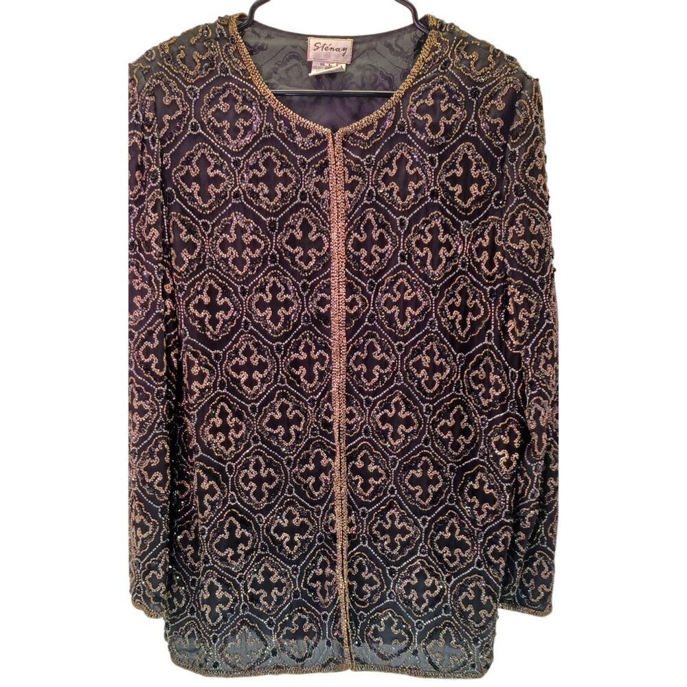 Vintage Stenay Black & Gold Silk Beaded Blazer Jacket | Women's Size Large Glam - Picture 4 of 9